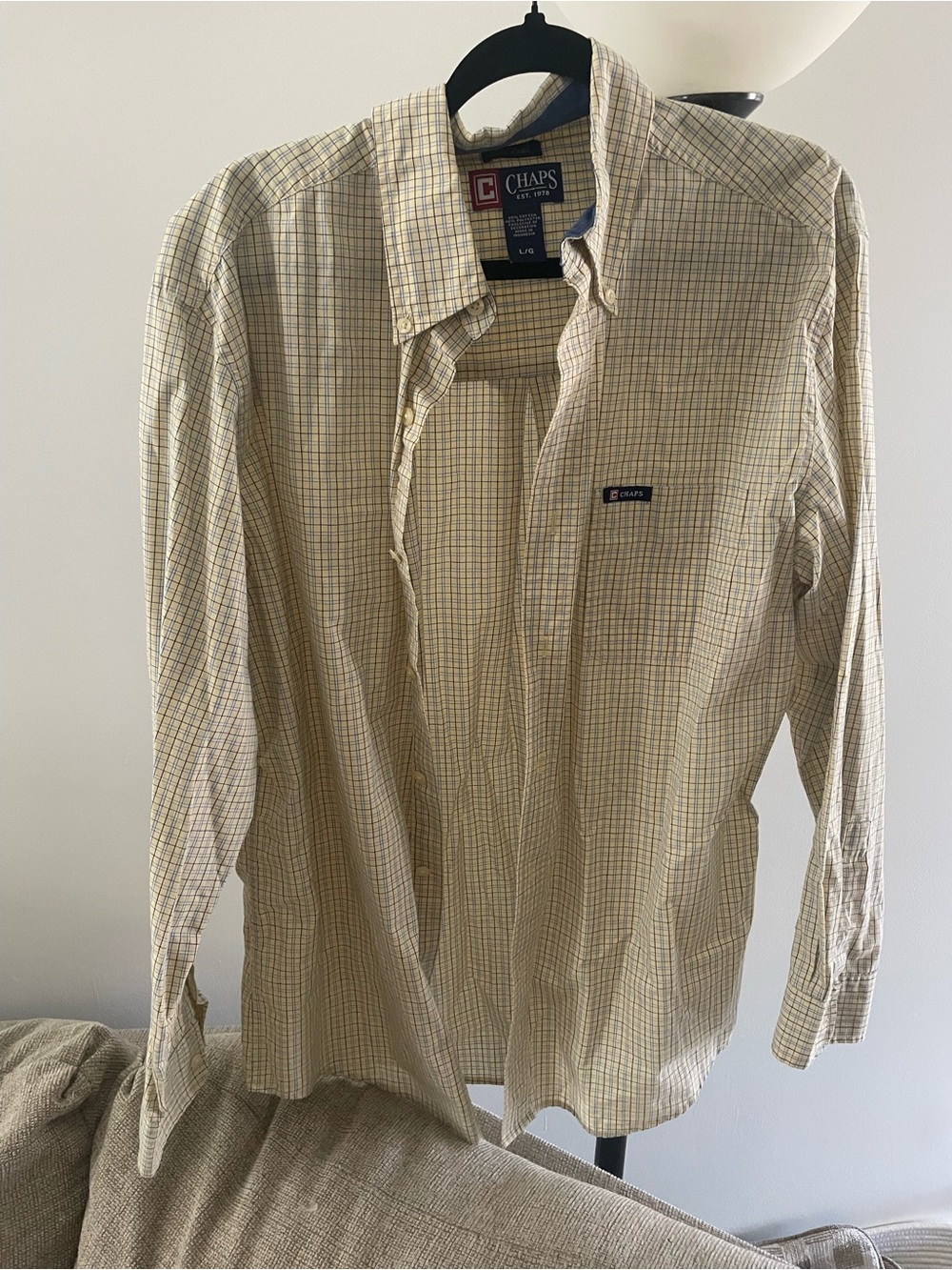 Chaps Men's Button-Down Plaid Shirt - Beige with Subtle Blue & Green Lines